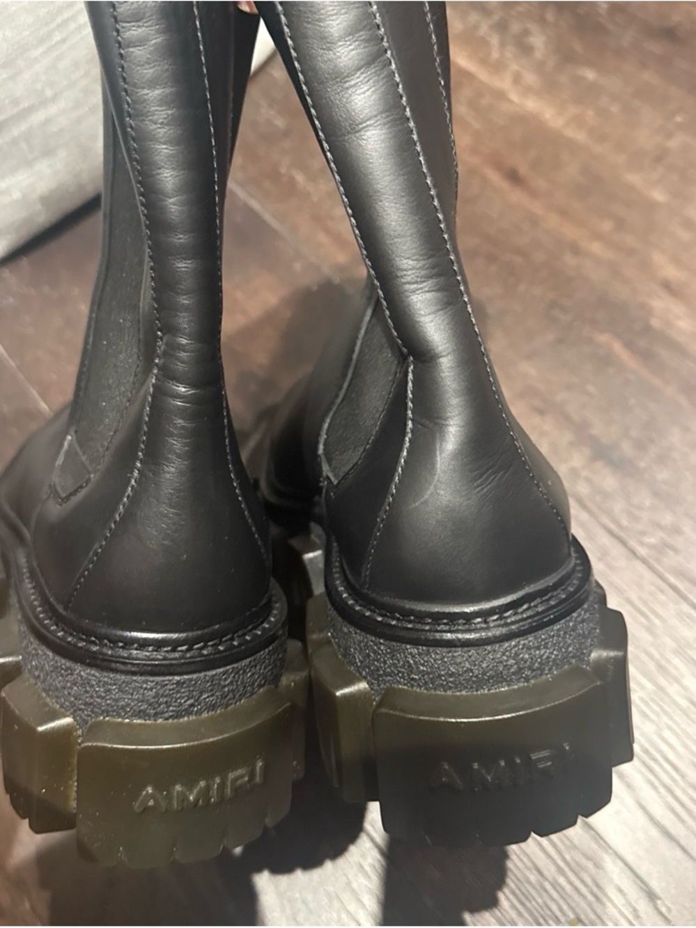 AMIRI Black Leather Chunky Lug Chelsea Boots with Olive-Toned Soles